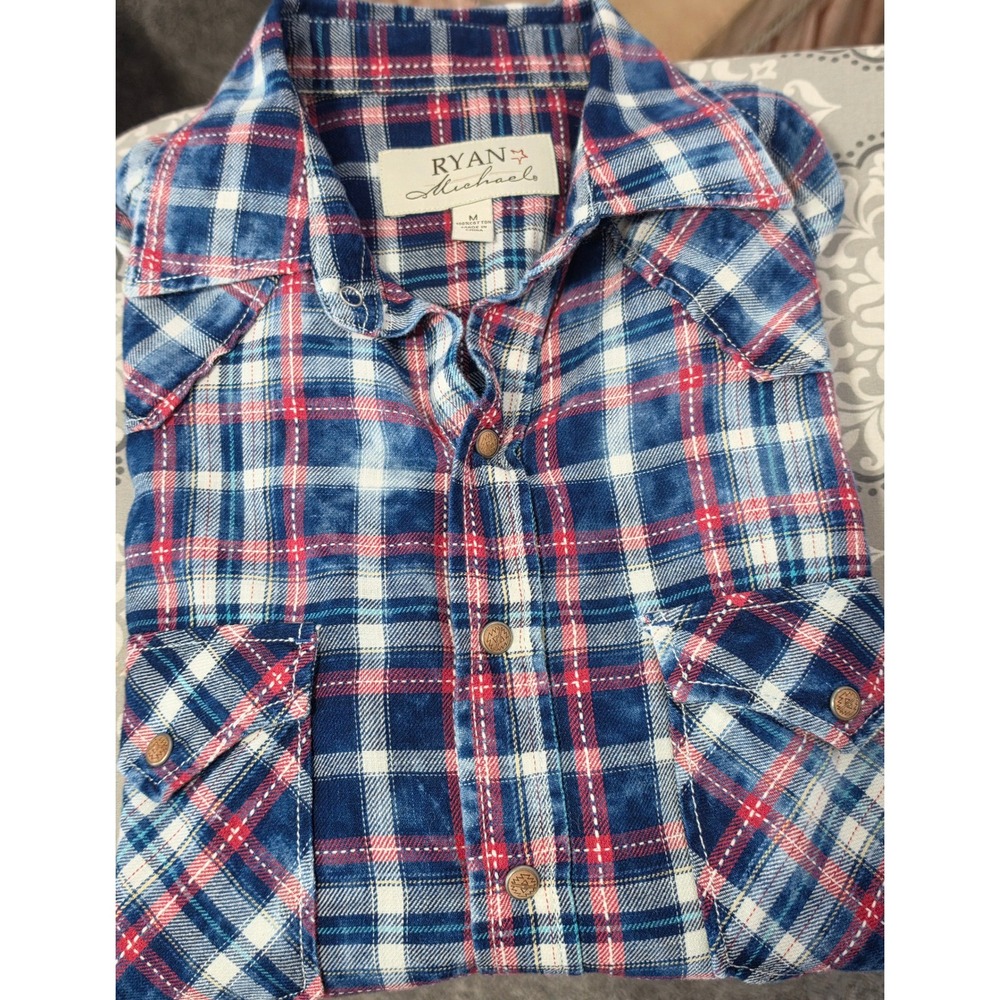 Ryan Michael Mens Indigo Acid Wash Plaid Western Short Sleeve Snap Shirt M - Picture 6 of 6